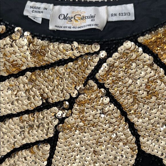 Vintage Oleg Cassini Gold Leaf and Black Sequin Detail 100% Silk in Size L - Picture 3 of 12